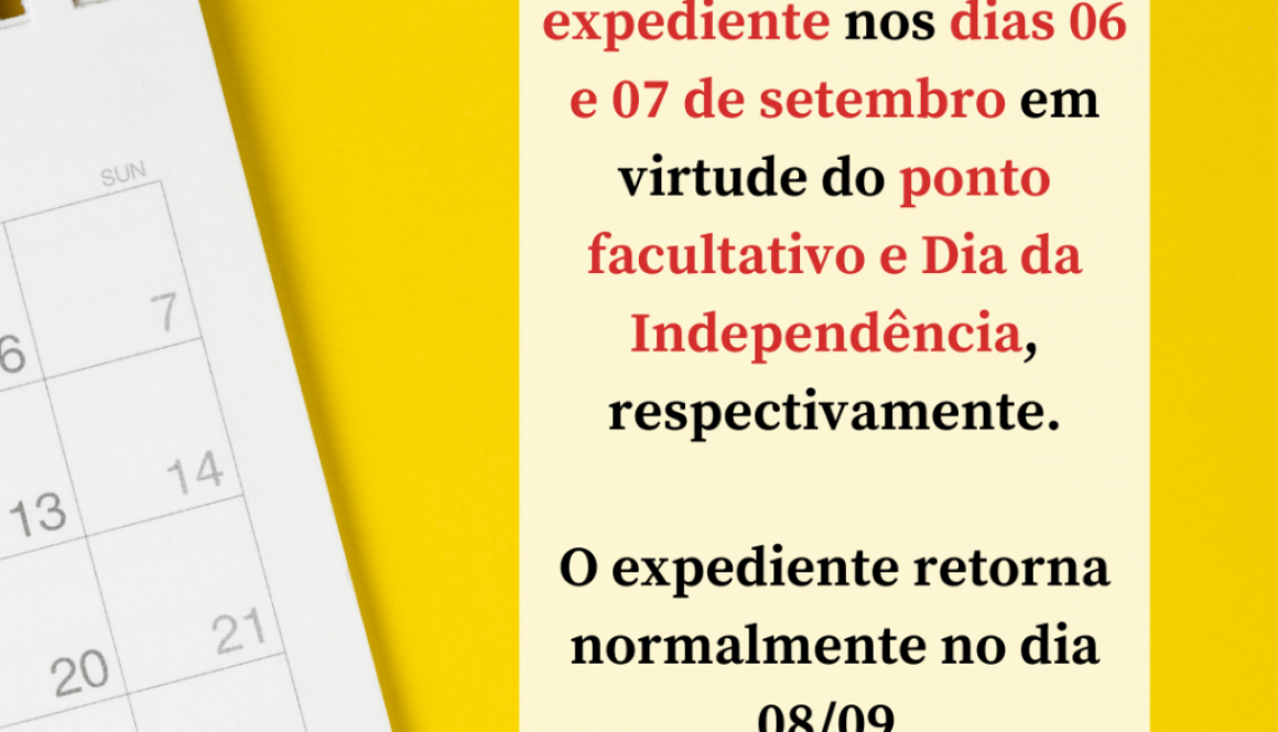 CRMV-AM informa que não terá expediente nos dias 06 e 07 de setembro em virtude do ponto facultativo e Dia da Independência, respectivamente.